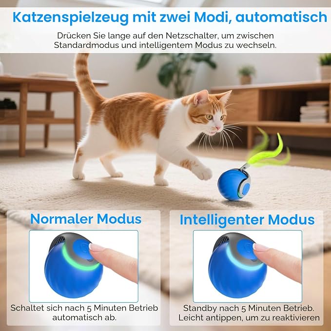 Interaktiver Katzenball mit Federschwanz – Wiederaufladbares Katzenspielzeug – Bild 2