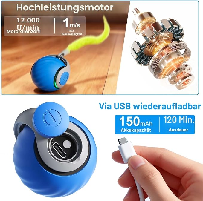 Interaktiver Katzenball mit Federschwanz – Wiederaufladbares Katzenspielzeug – Bild 5